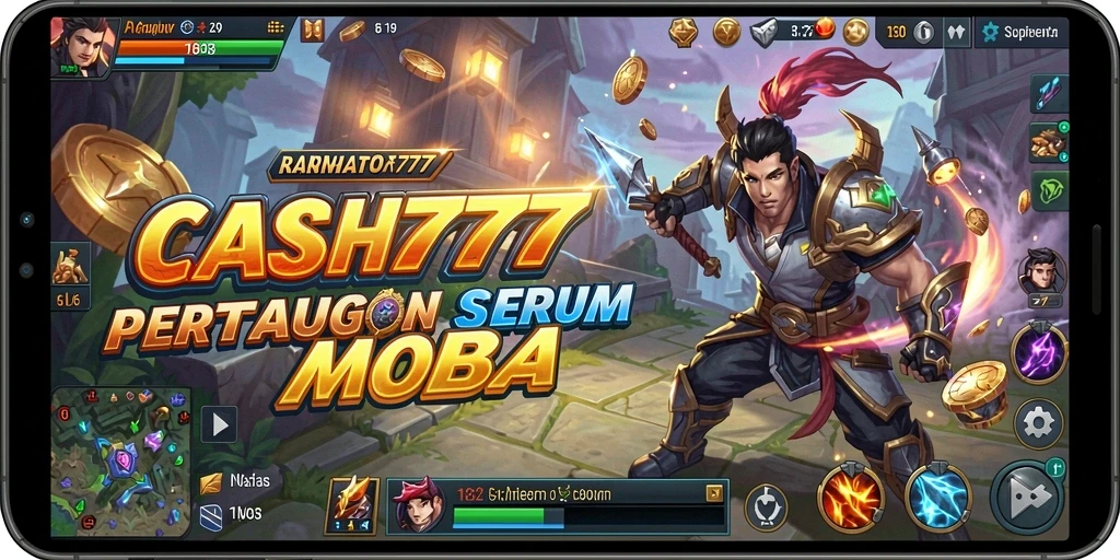 Screenshot utama CASH777 menampilkan aksi seru dalam pertempuran MOBA.
