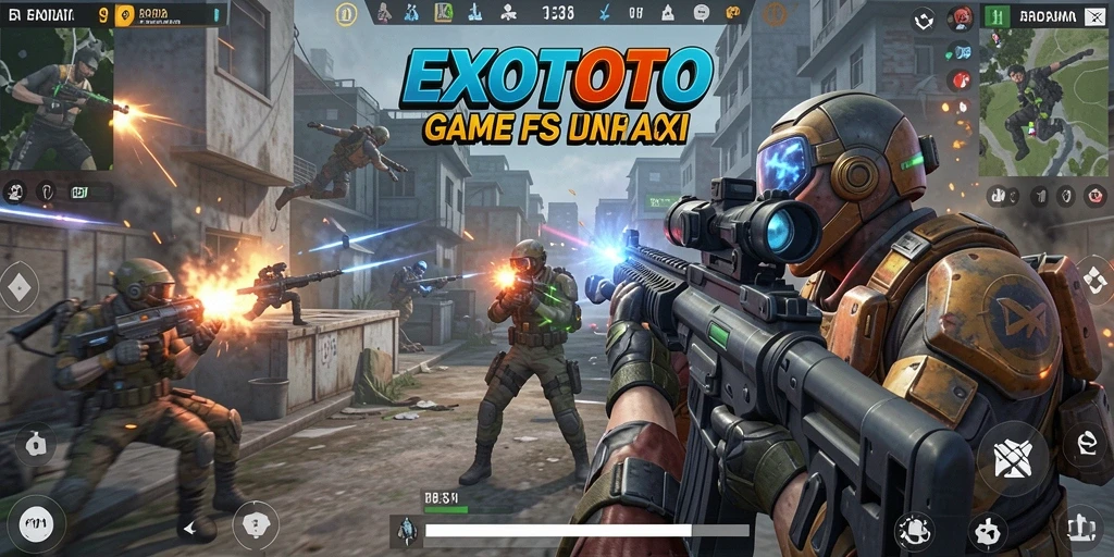 Screenshot EXOTOTO menampilkan gameplay intens dengan aksi menembak yang mendebarkan.