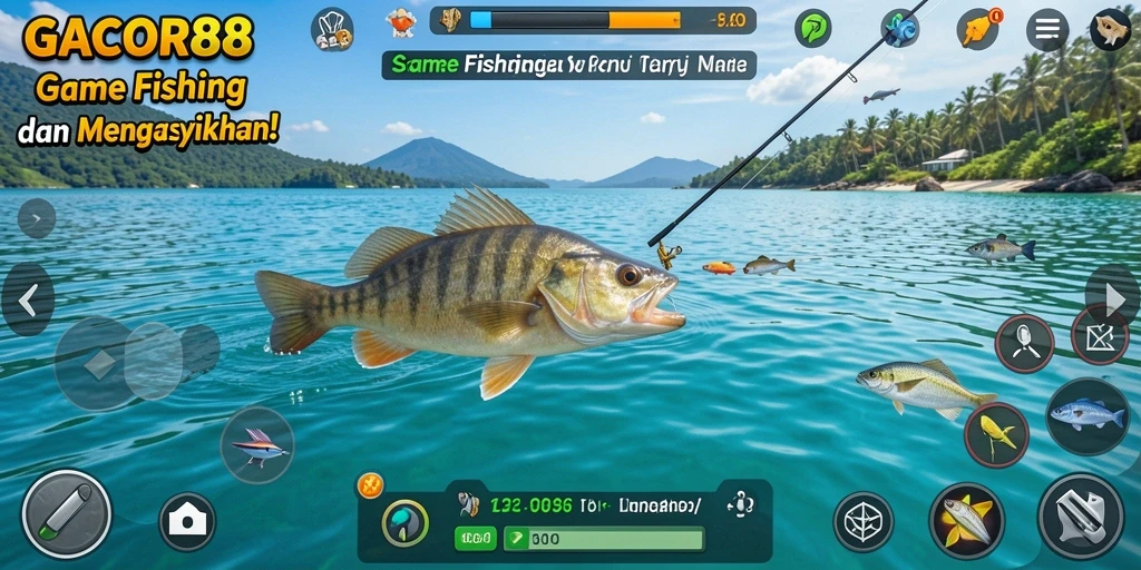 Tampilan gameplay GACOR88 menunjukkan keseruan memancing di berbagai lokasi.