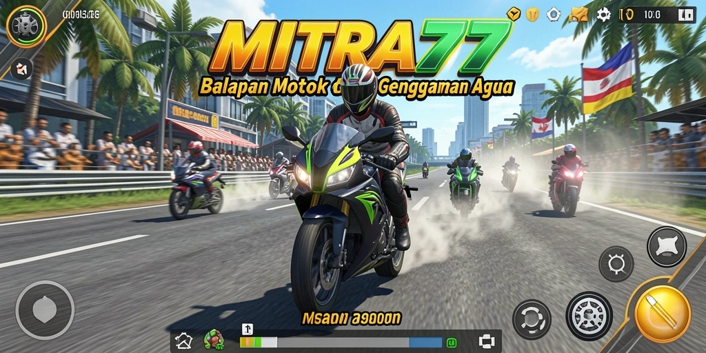 Screenshot gameplay MITRA77 menampilkan aksi balapan motor yang mendebarkan.
