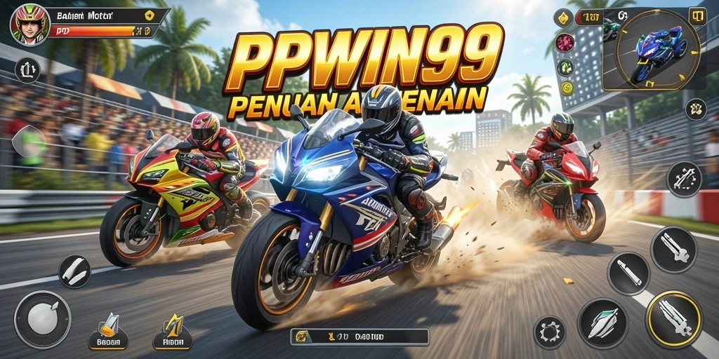 Screenshot gameplay PPWIN99 menunjukkan aksi balapan motor yang mendebarkan.
