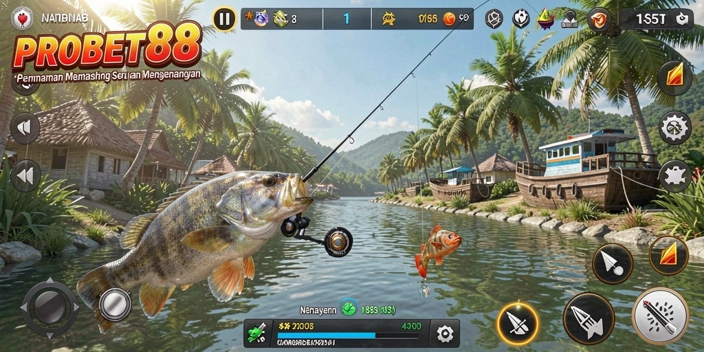 Screenshot utama game PROBET88 dengan adegan memancing yang menggembirakan.
