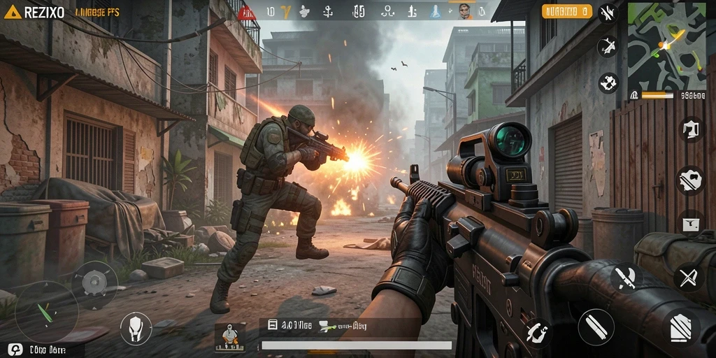 Tampilan gameplay menegangkan dalam REZIXO dengan aksi tembak-menembak.