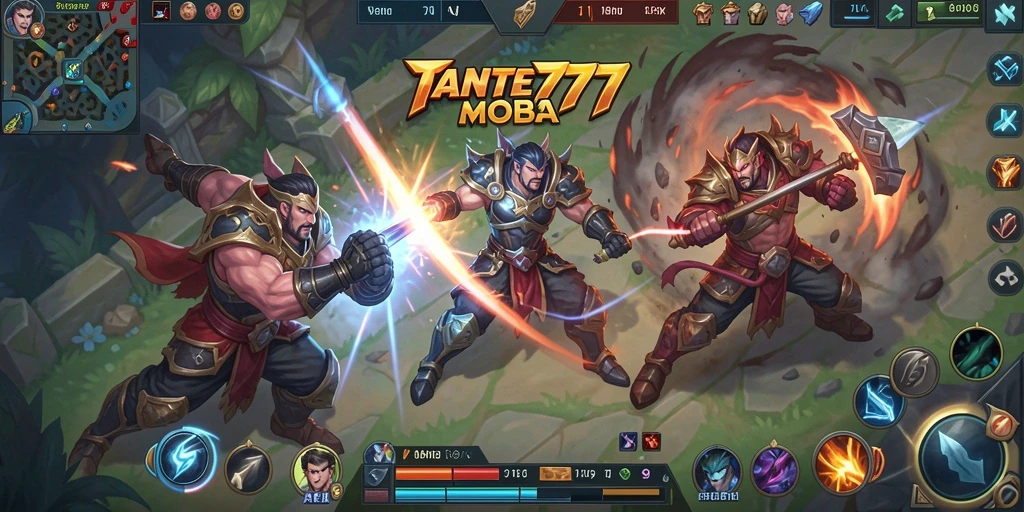 Screenshot utama TANTE777 menampilkan pertempuran epik dalam gameplay MOBA.