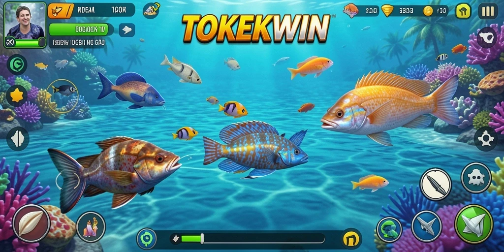 Screenshot gameplay TOKEKWIN menampilkan aksi seru menangkap ikan.